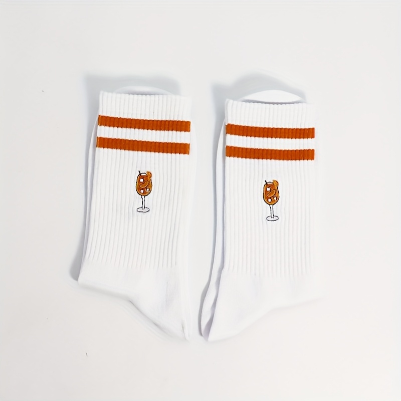 Image of 1 Pair Embroidered Orange Juice Cocktail Design Socks, Funny Socks Gift, Women And Men Motif Tennis Socks, Breathable Sports Socks, Tennis Socks, Novelty Socks Crew Socks, Birthday Gift