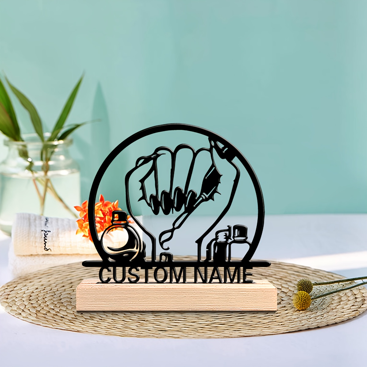 TEMU 1 Personalized Nail Artist Gift - Custom Name, Cast Iron & Wooden Base Desktop Decoration - Manicure Art Display For Salons, Home, Valentine's