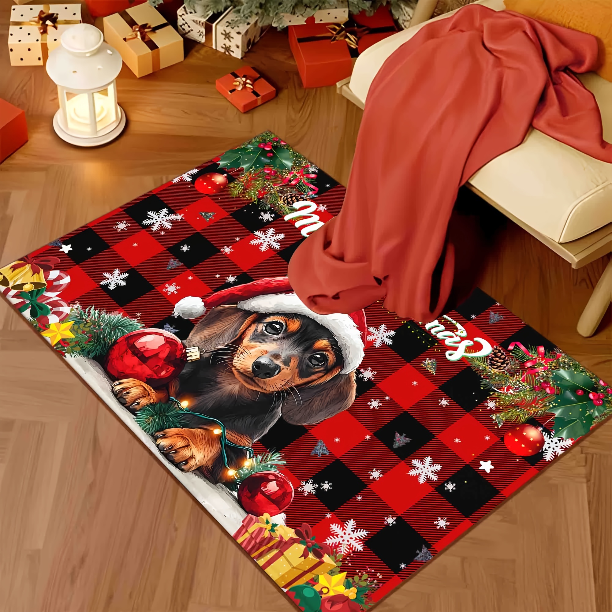1pc Christmas Dachshund Doormat Non-Slip Rubber Backed Polyester Welcome  Mat with Santa Hat, Machine Washable, Lightweight Durable for Doorway,
