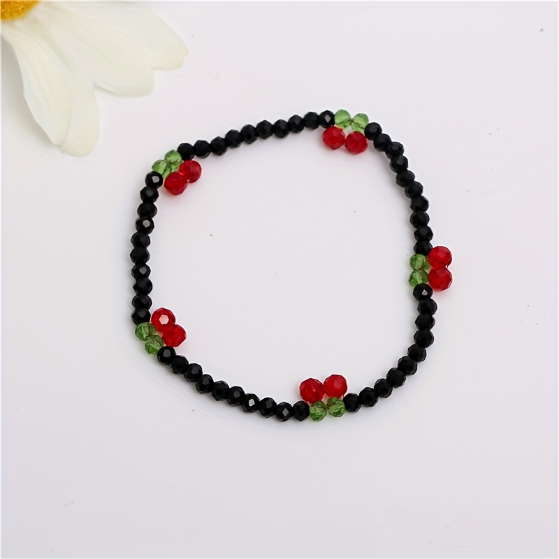 Cherry Bead Stretch Bracelet with Sparkling Crystals for Women
