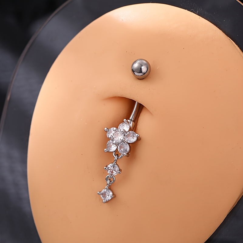 E-shop 1 Stück Damen Edelstahl Bauchnabelring mit Kupfer eingelegtem synthetischem Zirkonia Fünfzackiger Stern Blumenquaste Piercing Nabelstecker,