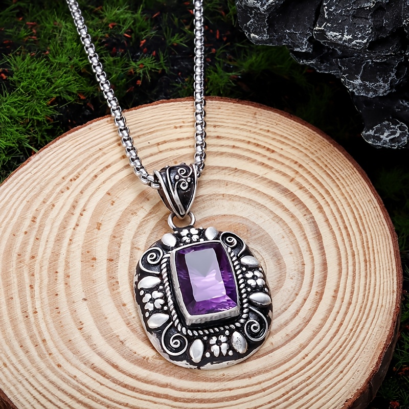 Image of 1pc Women's Vintage Square Purple Zirconia Pendant Necklace | Carved Rolled Border Design, Elegant Vintage Jewelry, Ideal For Daily , Romantic Dates, And Casual Weekend Looks