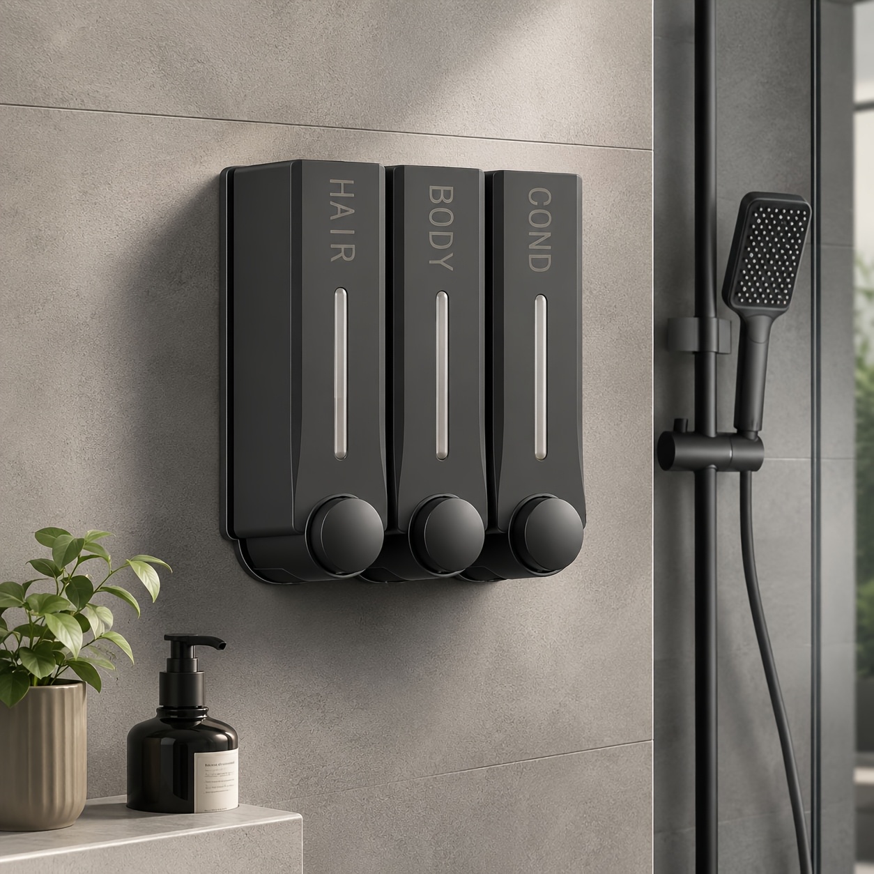 TEMU 3pcs Wall-mounted Shower Soap Dispenser - 350ml Black Plastic Liquid Soap Dispenser For Bathroom, Hotel, Shampoo, Body Wash - No Drill, Design,
