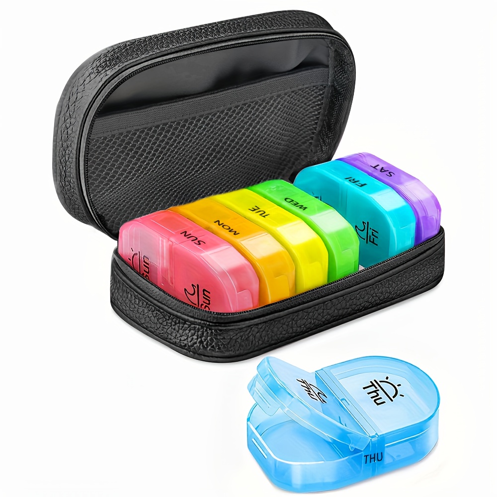 Image of Pill Organizer For Daily Use, Faux Leather Pill Case, Portable Weekly Pill Box For Purse With Storage Bag To Hold Vitamins, Medications, Fish Oils, Supplements