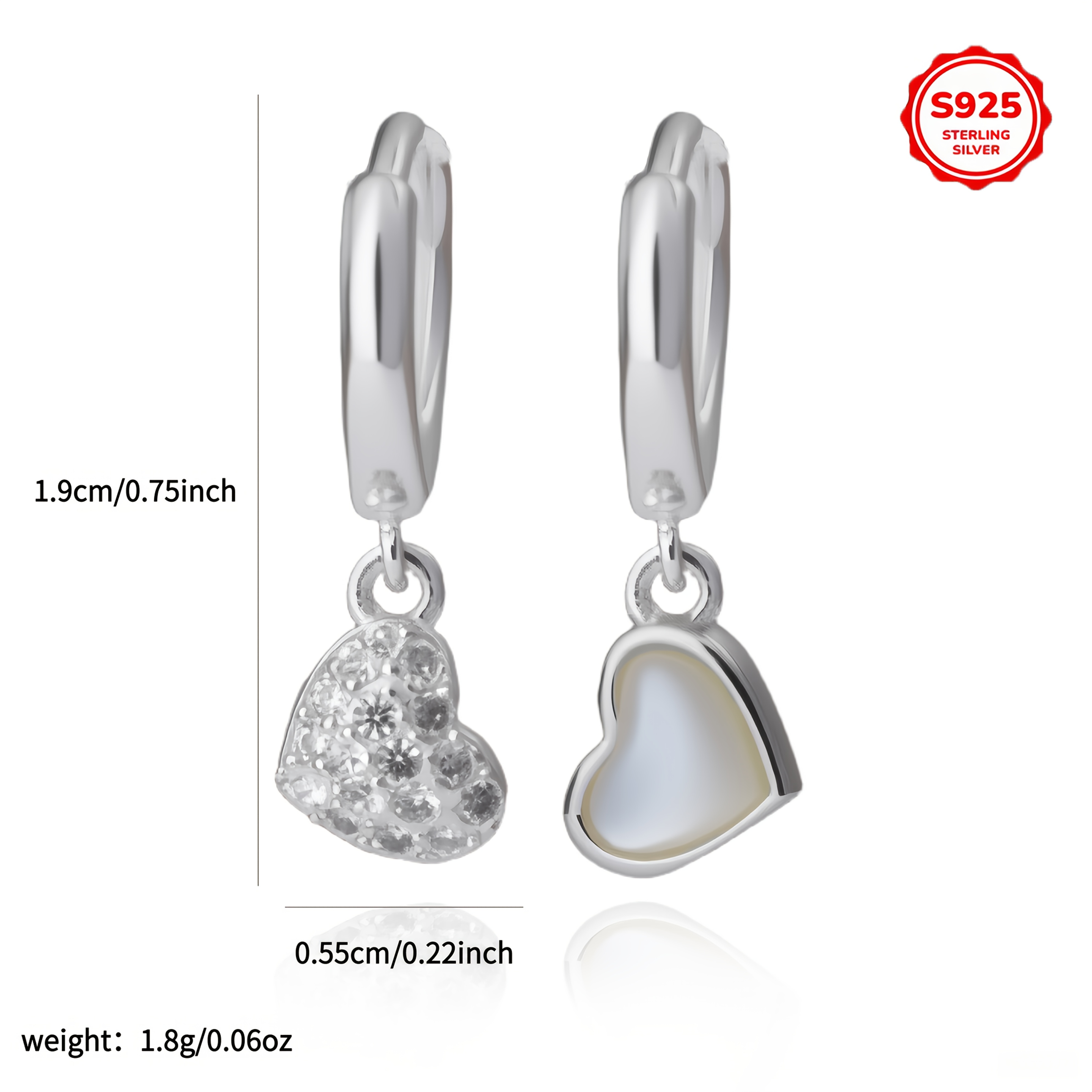Women's S925 Sterling Silver Heart Stud Earrings with Cubic Zirconia