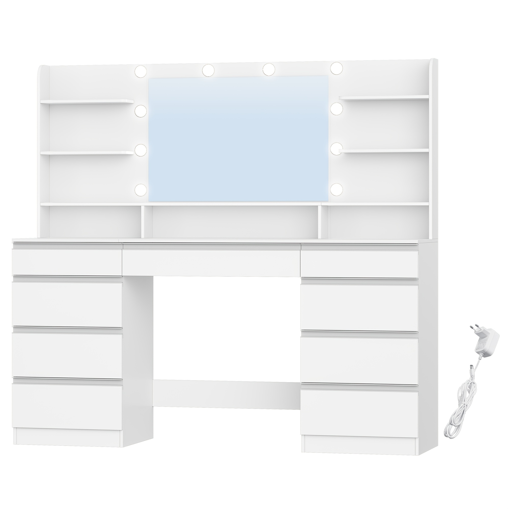Dressing Table With Bulb Light, Vanity Desk With 1 Large Drawer And 8 Small Drawer Cabinets, Adjustable Brightness, Large Hd Mirror, 9 Open Storage Areas, 150cm Desktop White