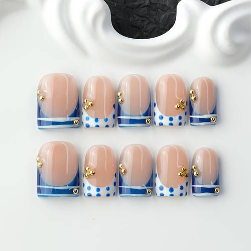 10pcs 100 handmade press on nails suitable for daily wear parties short square nails with pink polka dot y2k multi layer gel hand painted reusable nail set with golden bead accents tool kit for women