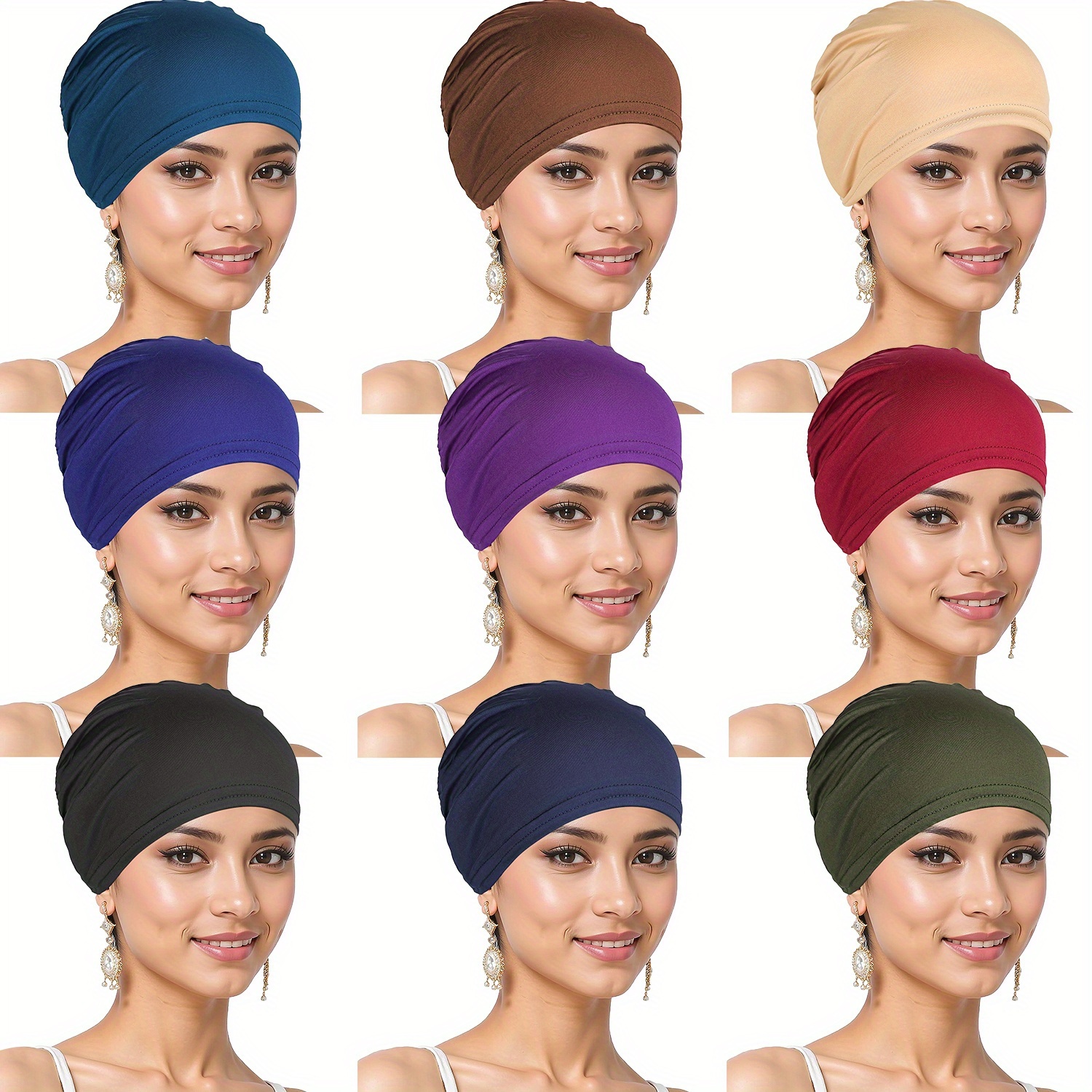 TEMU 9pcs Women's Lightweight Elastic Turbans - (blondes, Brunettes, Redheads) | Comfortable Stretchable Headwraps For Ponytails, Buns & Braids |