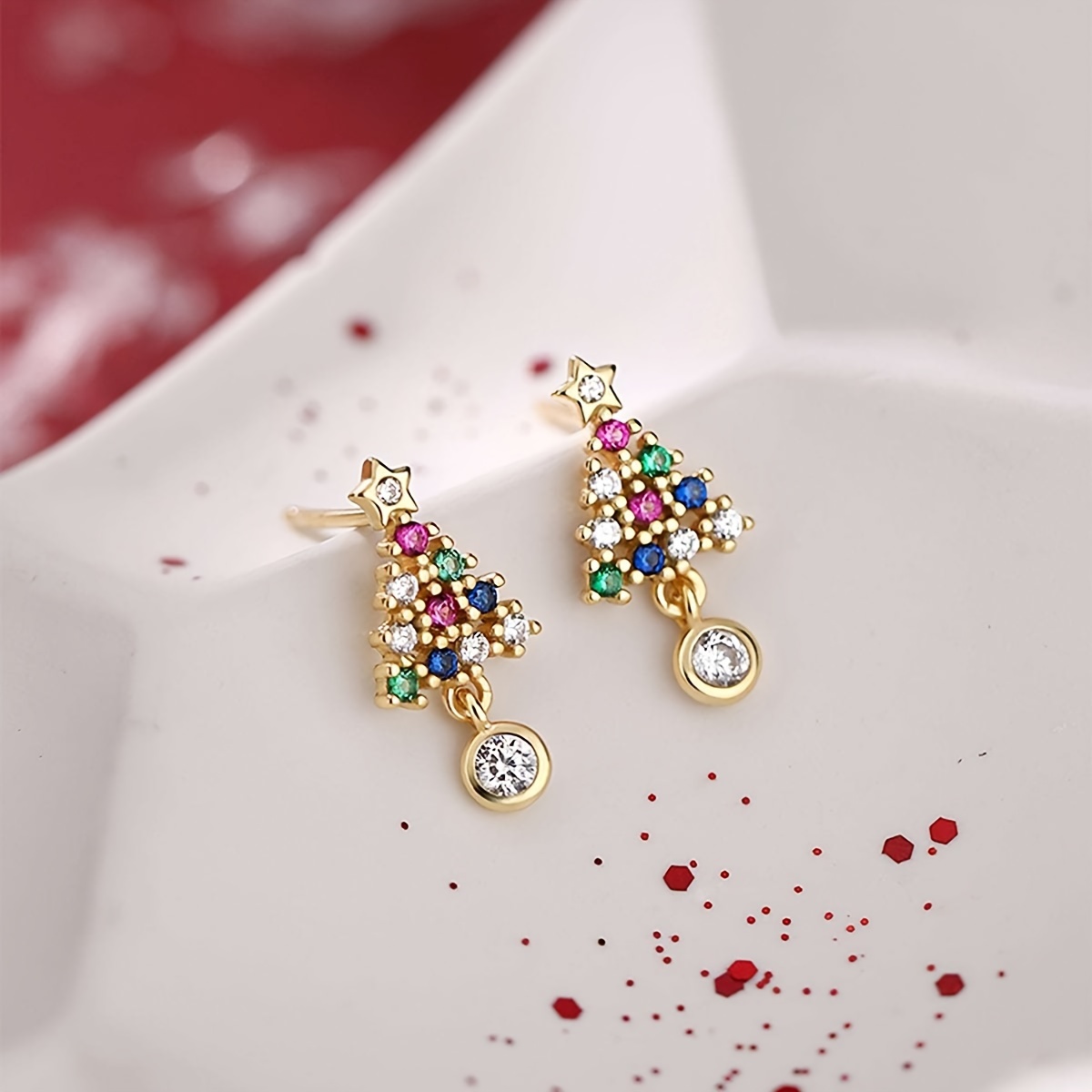 TEMU 1 Pair Charming Synthetic Cubic Synthetic Zirconia Christmas Tree Stud Earrings & Gifts
