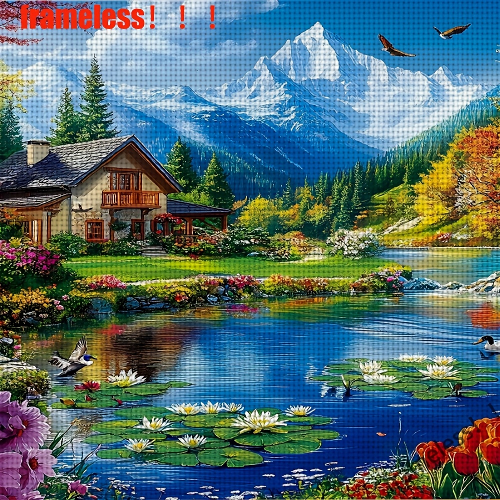 TEMU 1 Ensemble Kit de Broderie 11CT Cadre - , Paysage Montagneau Bord de , Kit de Broderie à , Incluant Tissu de Motif et Fil, Aiguille, Très Adapté