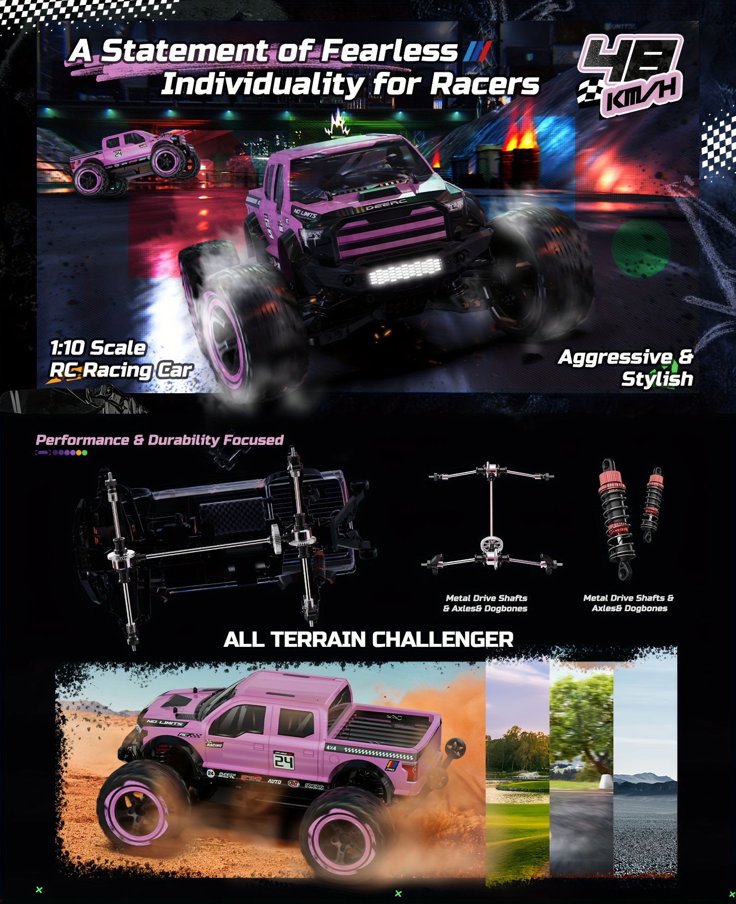 DEERC 1:10 Scale High-Speed RC Monster Truck - 48+KM/H All-Terrain Off-Road Crawler, 4X4 Remote Control Car with Remote Drain Valve, Heavy-Duty Metal chassis, Pink Racing Truck with Flashing Lights - with 2 Modular Batteries & Charger for Adults/Kids - Ideal Birthday/Christmas Gift for RC Hobbyists, Allterrain Racing, Sporty Design, Robust Tires