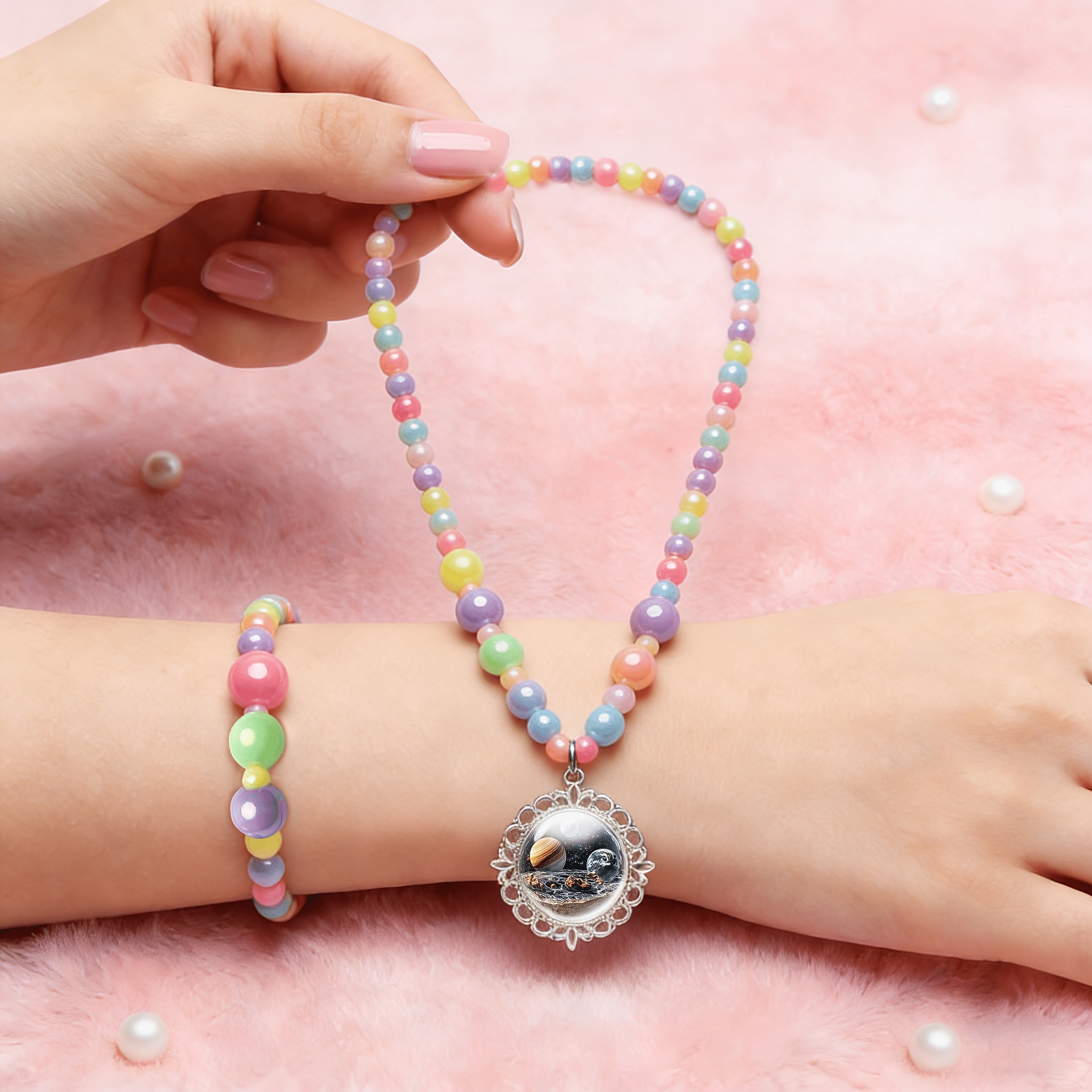 2pc Cosmic Planet Design Necklace and Bracelet Set