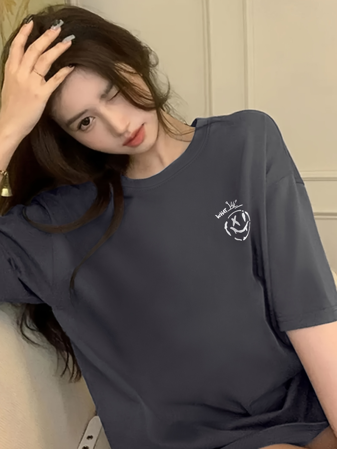 womens summer casual skateboard graphic print t shirt loose fit longline top with cartoon design light yellow round neck short sleeve tee for streetwear everyday outfits outfit addition durable fabric relaxed fit   print shirt women Product details 25