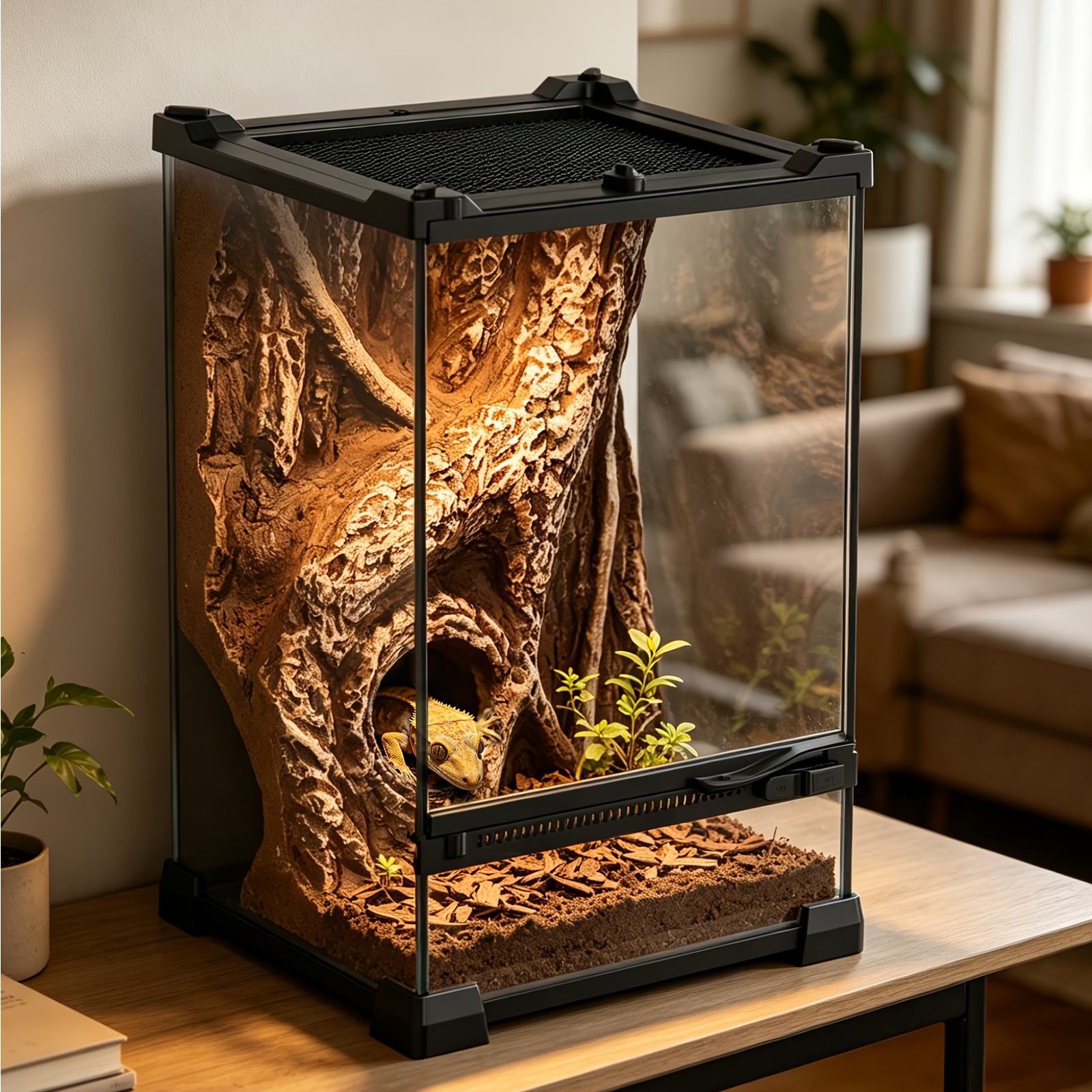terrario para reptiles   de cristal templado con panel trasero hueco de   3d incorporado -   para   de geckos diurnos gigantes, lagartos  , geckos leachianum y   arborícolas, acuario de cristal cuadrado para decoración de lagartos y  