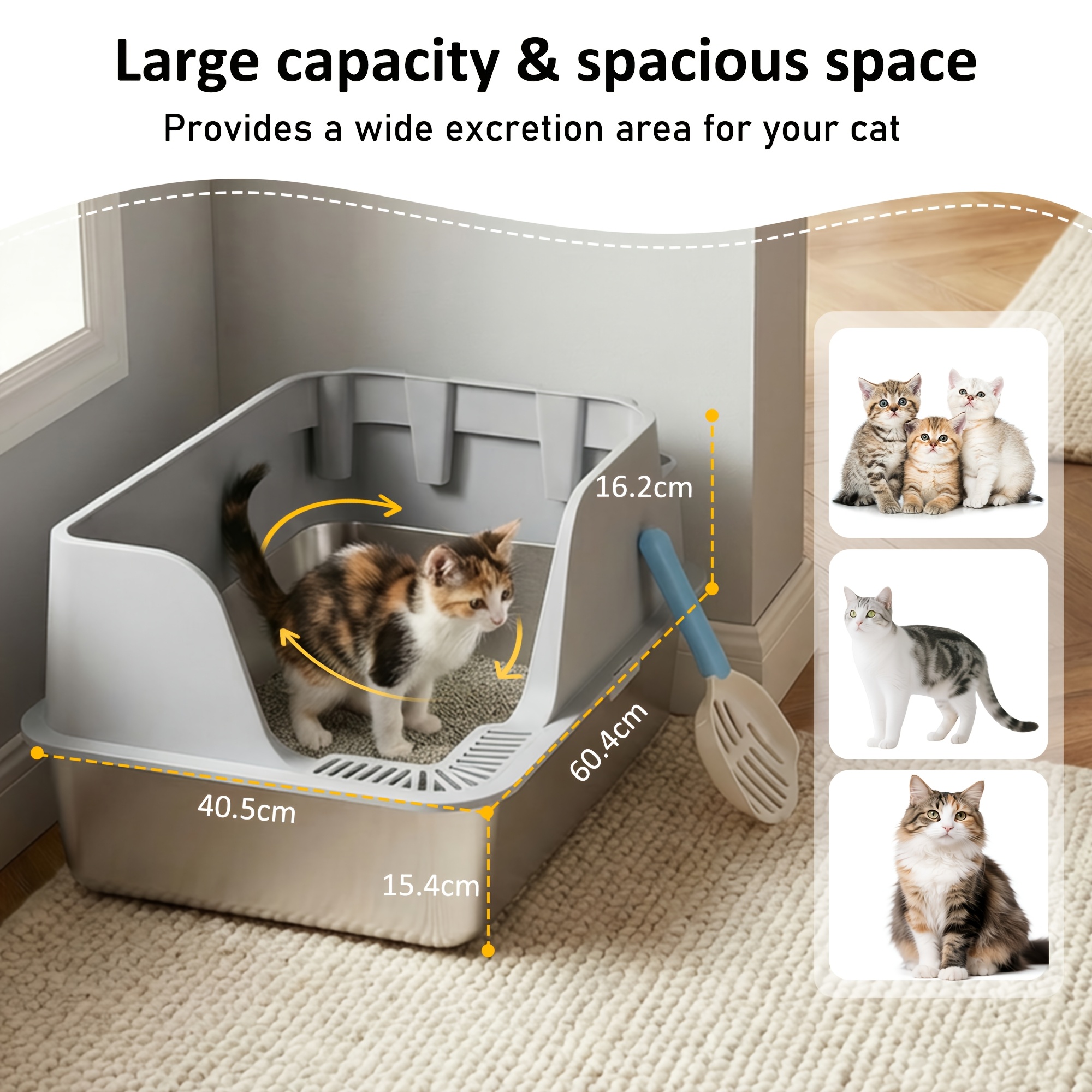 Oversized Stainless Steel Cat Litter Box With Removable Cover, Easy-to- Pan, Surface, , And Leak-proof Design Suitable For All , Without Battery