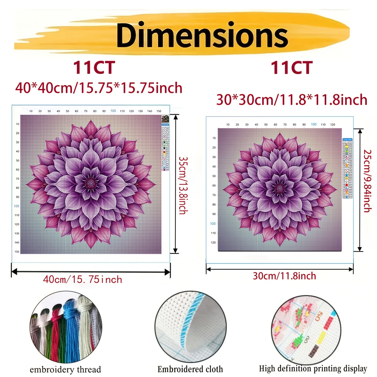 Frameless Cross Stitch Printed Kit with Purple Gradient Mandala Flower Design