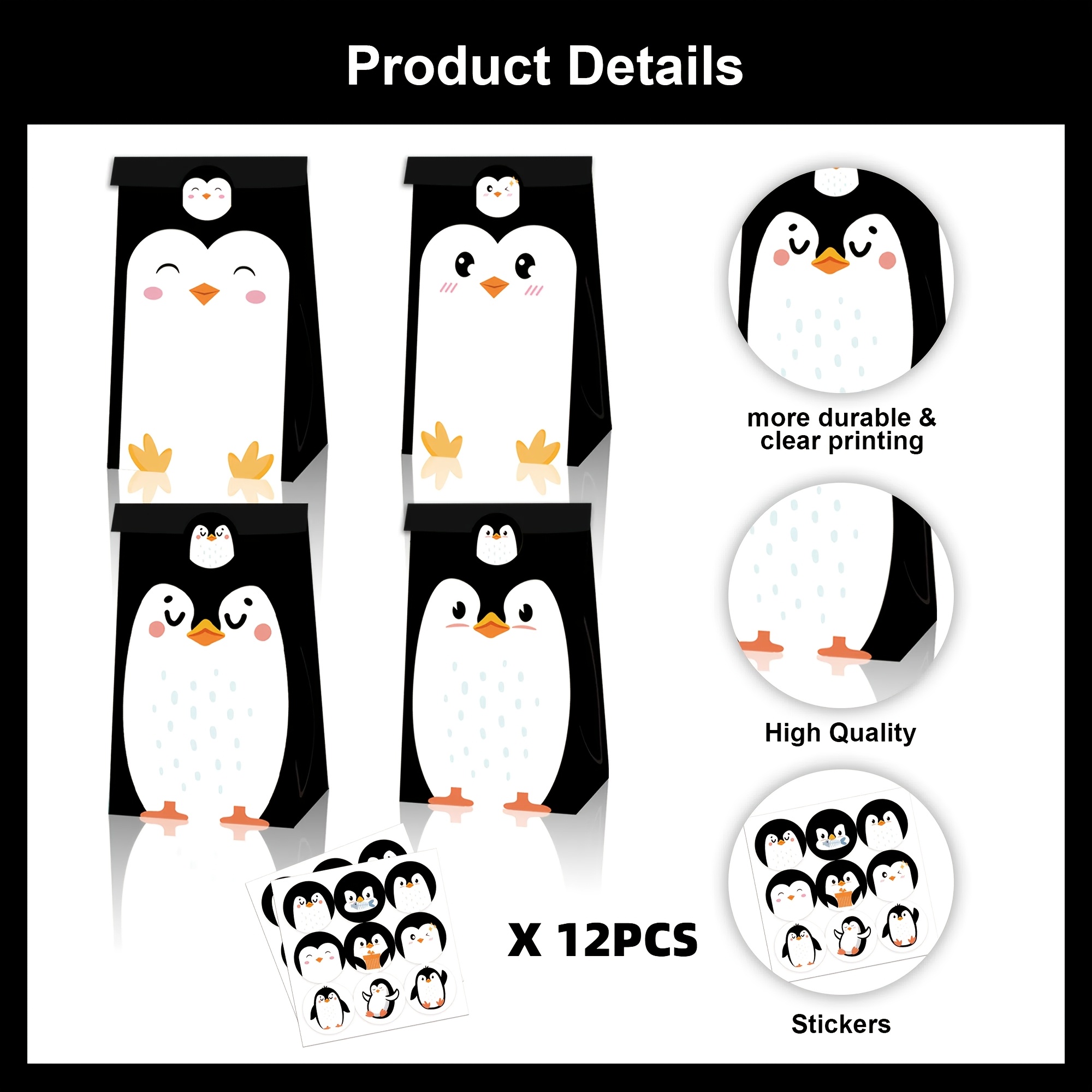 Image of 12pcs Paper Bags And 18pcs Stickers, Antarctic Penguin Themed Party Gift Bags, Cute Black And White Paper Bags With Creative Sticker Design, Birthday Party Decor And Favor Packaging Supplies