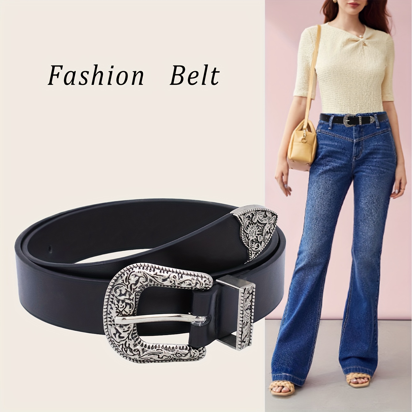 

1pc Vintage Embossed Pin Buckle Casual Pu Belt For Jeans And Sweaters, Retro Style Fashion Accessory