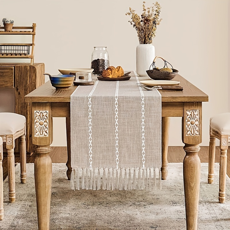 1pc Of Rustic Linen Table Runner - Bohemian Woven , Suitable For Dining And Holiday Parties, Size 12x72 Inches