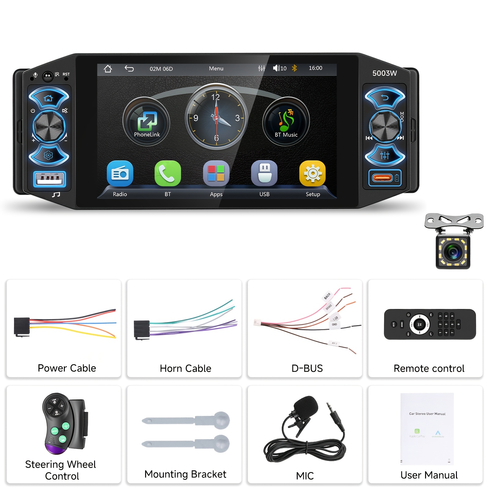 5.1 Inch Wireless Carplayer Car Stereo Single Din Touch Screen Car Radio With Wireless, Wireless Auto Am Fm Eq Swc, Car Audio Receiver With Usb/tf/aux-in, Mic, Backup Cam