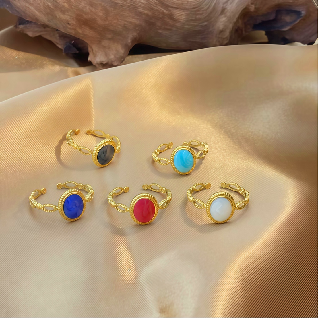 Trendy Hollow Oval Enamel Drip Glaze Stainless Steel Ring