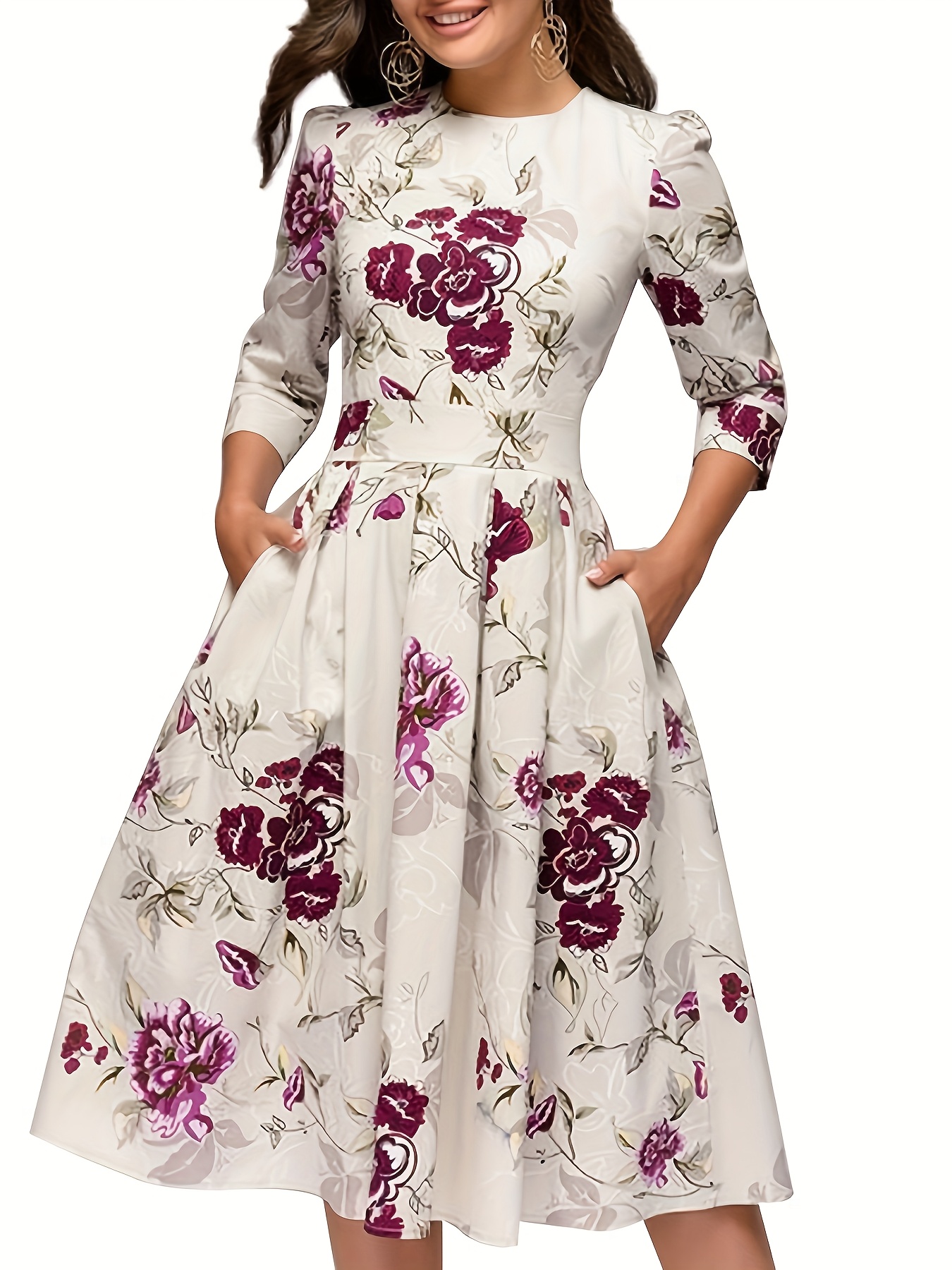 womens floral midi dress pockets ladies vintage elegant - Temu