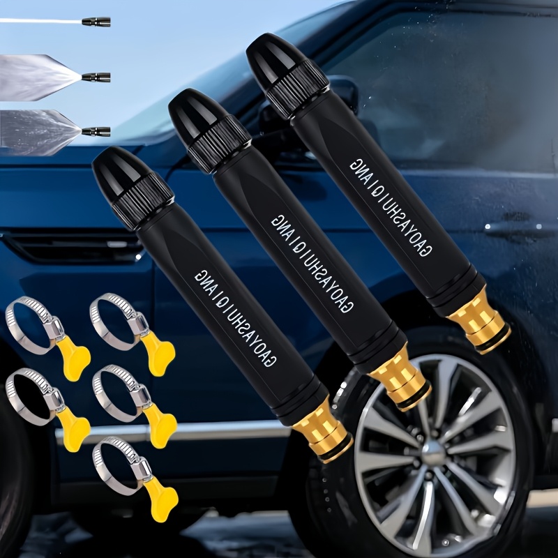 TEMU 3-sets Car Wash Gun, Includes 5 Clips, High-pressure Nozzle Spray Gun, For Home Cleaning And Watering Flowers/vegetables, Hose Powerful Squeeze