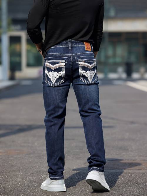 mens thick thread classic embroidered stretch jeans