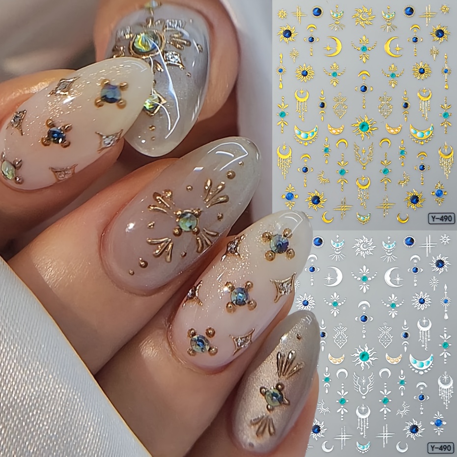 Image of Set Of And Green And Stickers With Golden And Silvery Y2k , Self-adhesive Sliders, Charms For Nail Art Decoration, Manicure Supplies