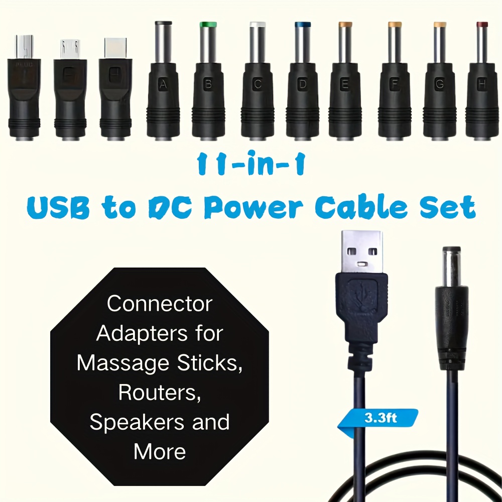 Temu – TEMU 12-in-1 Usb To Cable Kit, Universal 5v Charging Cable With 11 Interchangeable Adapter Tips Suitable For Massagers, Routers, Speakers, And Other