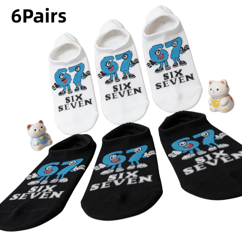 E-shop 6 Paar Lustige Meme 67 Zahlen Unsichtbare Socken - Zufälliger Neuheitsdruck Harajuku Hip Hop Herren und Damen Trendige Socken, mit 67 Muster