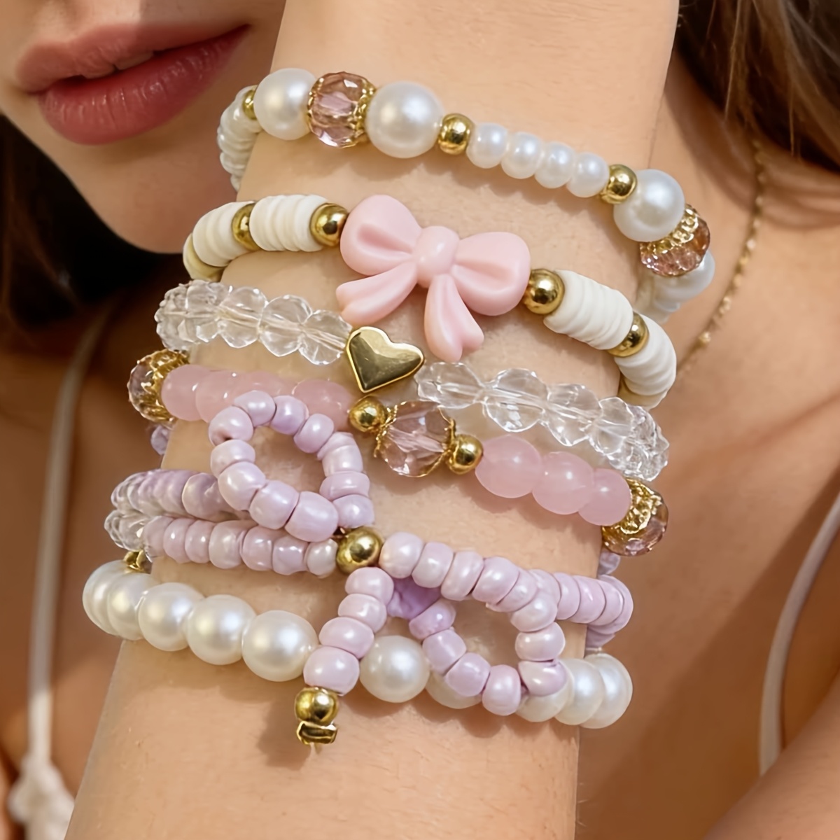 TEMU Ensemble de 6 bracelets à pendentif nœud rose bohème , parure de bijoux à perles de riz empilables multicouches, convient pour les vacances et