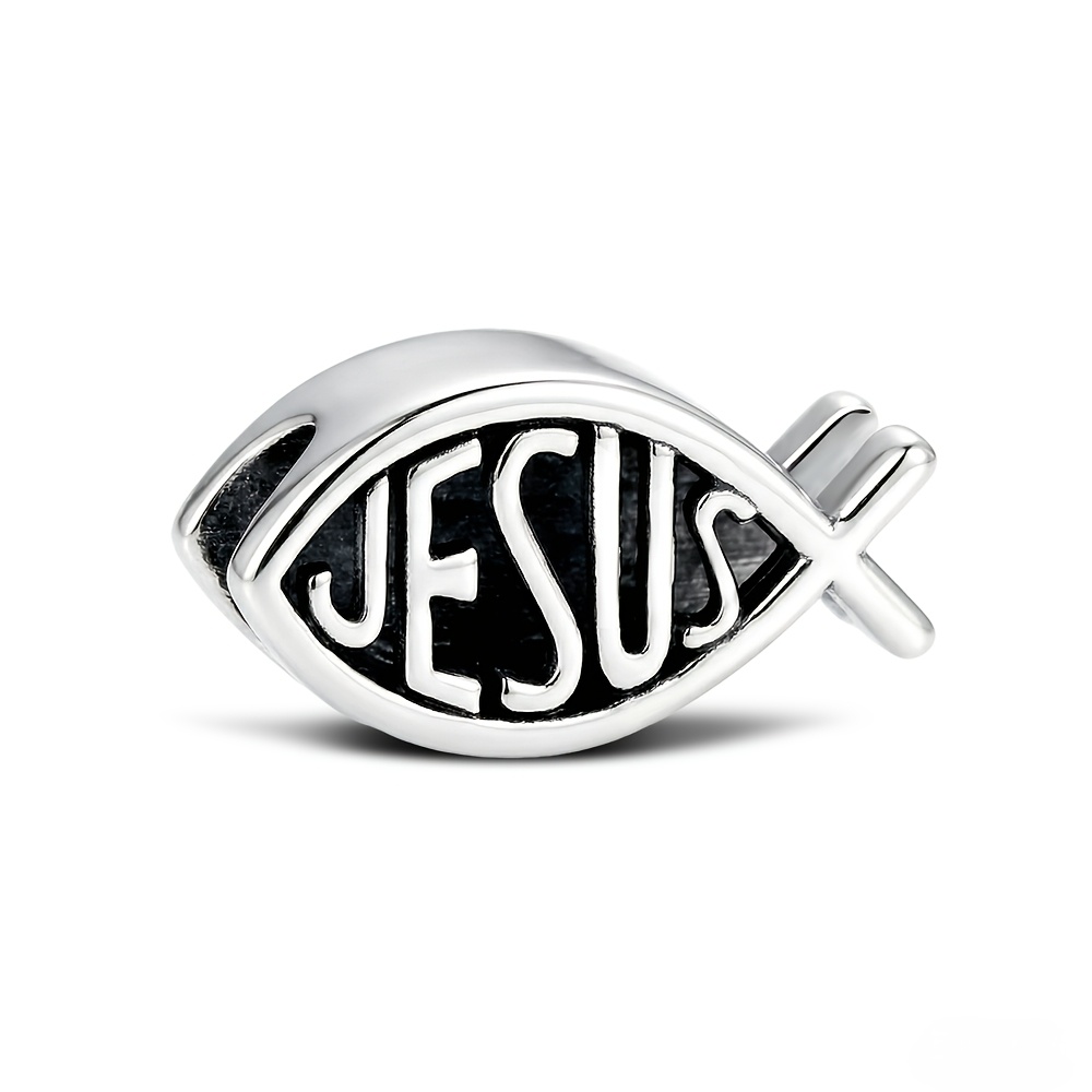 TEMU 1pc 925 Silver-plated Easter Jesus Fish-shaped Bead, Suitable For Original Bracelets And Necklaces, Elegant, Stylish, And Exquisite. A Perfect