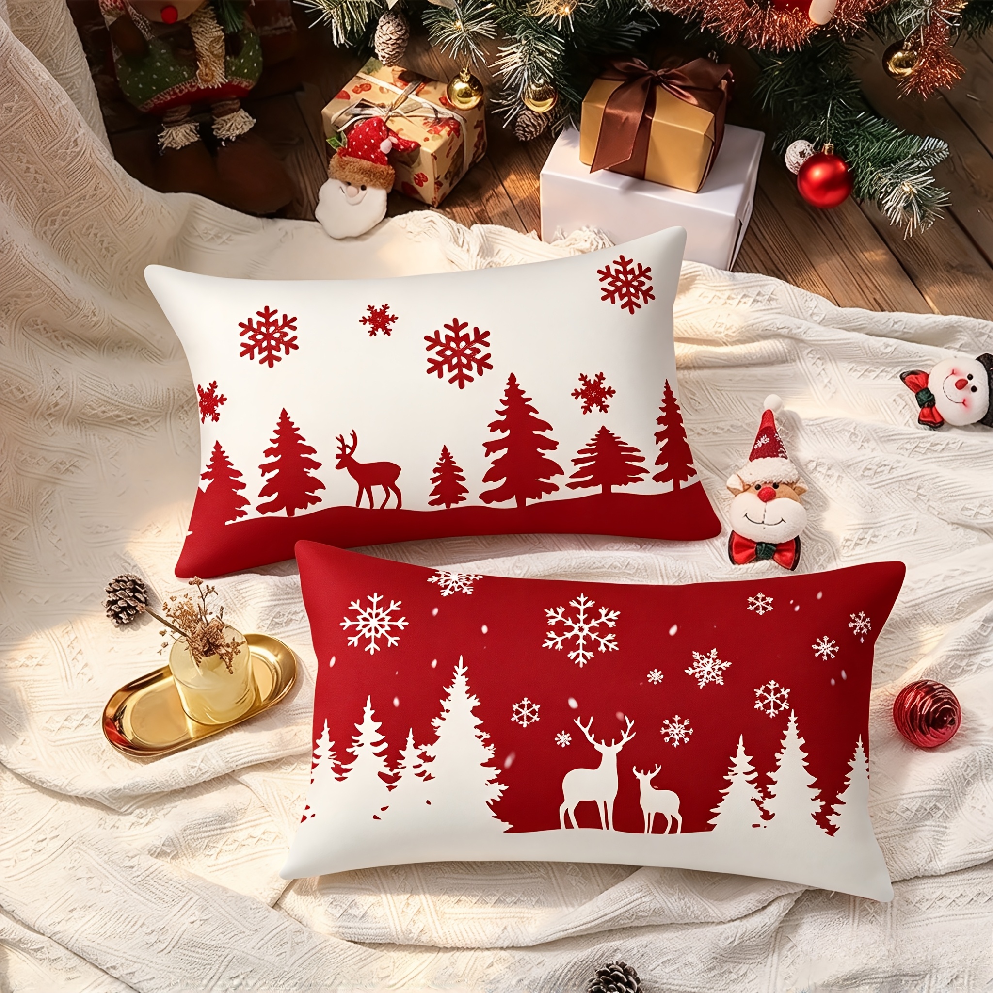 TEMU [printed Design - Not Textured] 2-pack Christmas Pillowcases - Red Snowflake, Camel, And Reindeer Patterns, Farmhouse Home Beach, Terrace, And
