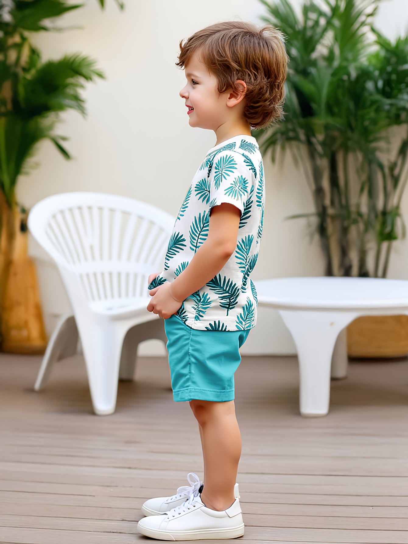 2pcs set of boys' clothing, summer short-sleeved round-neck T-shirt with leaf print and boy's fashionable shorts for summer outings, Perfect for Outdoor