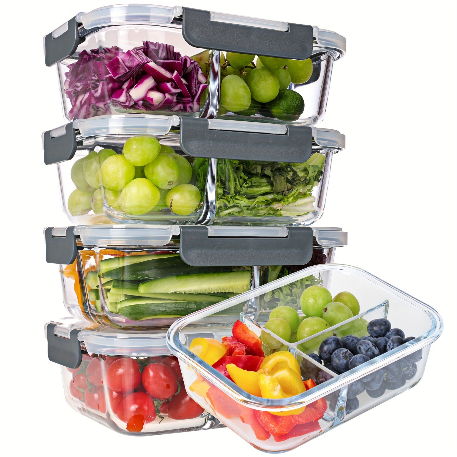 

Glass Meal Prep Containers, 5-pack 3 Compartments Meal Prep Containers Glass With , Meal Prep Containers Reusable, Bento Box Adult Lunch Box For Freezer And Ovens, Grey