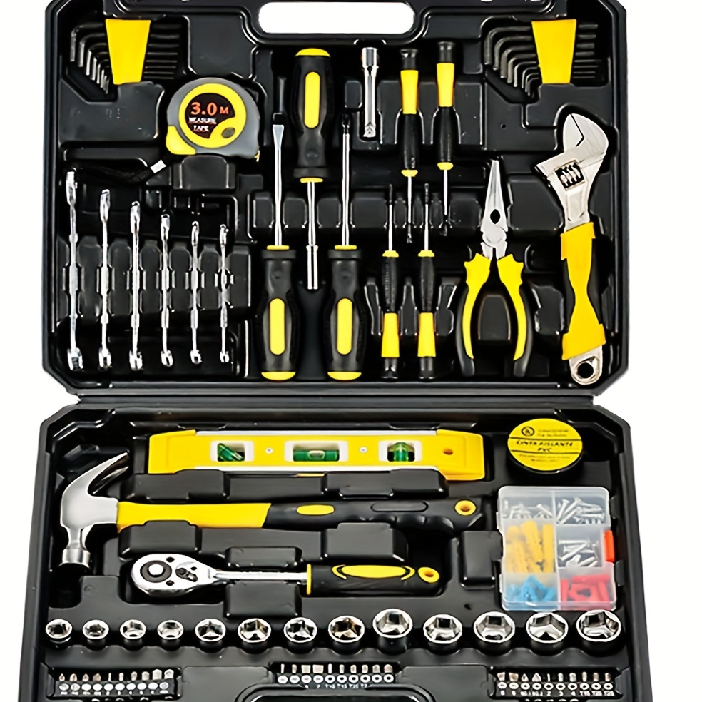 

108pcs Home Tool Kit With Wooden Handles - Includes Wrenches, Screwdrivers, Sockets & More In A Compact Black Storage Case For Easy Organization