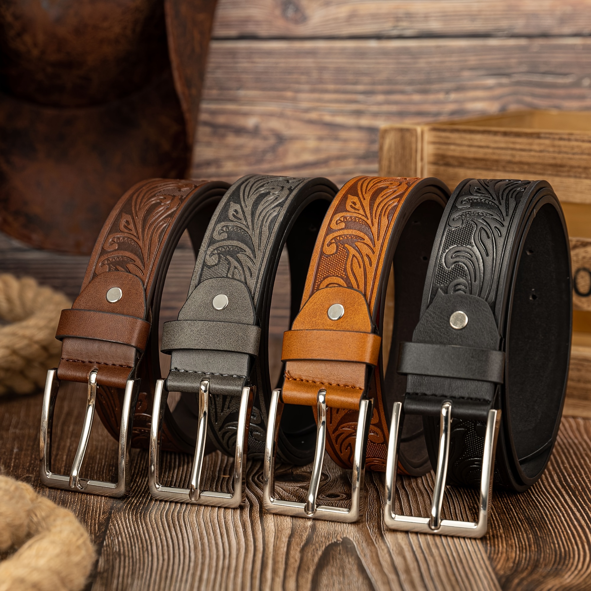 

Men's Casual Embossed Pu Leather Belts With Alloy Shaped Buckle, Fashionable Carved Patterns, Average Size