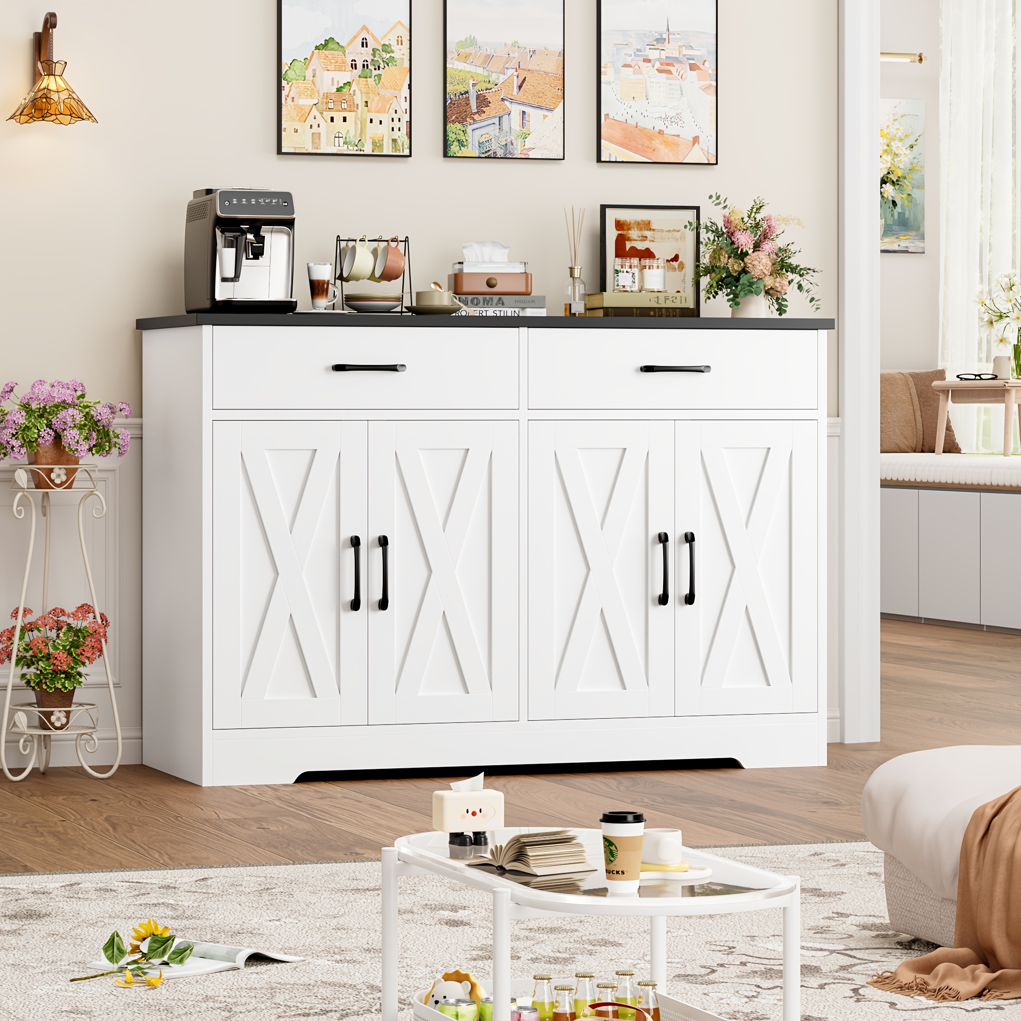Image of Kealive 120cm Buffet Cabinet Sideboard With Barn Doors, Kitchen Storage Cabinet With 2 Drawers And 4 Compartments, Accent Cupboard For Dining Room Living Room