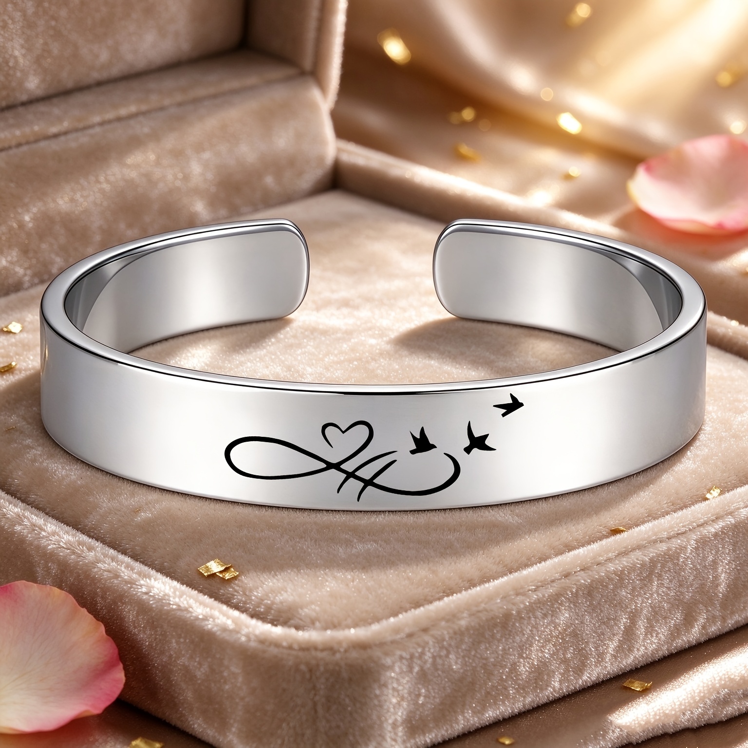 Infinity Symbol Heart Silhouette 304 Stainless Steel Open Bangle