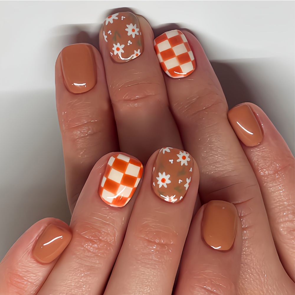 TEMU 24pcs Per Box Press-on Short Square Nails In Brown And White Checkerboard Design, Simple With White Floral Dots, Retro-inspired False Nails For