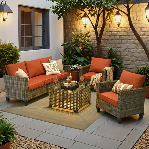 outdoor patio furniture set outside modular seating group with solar led coffee seat sofa 2 chairs weather resistant cushions for garden deck and porch decor 4pcs set or led table sold separately