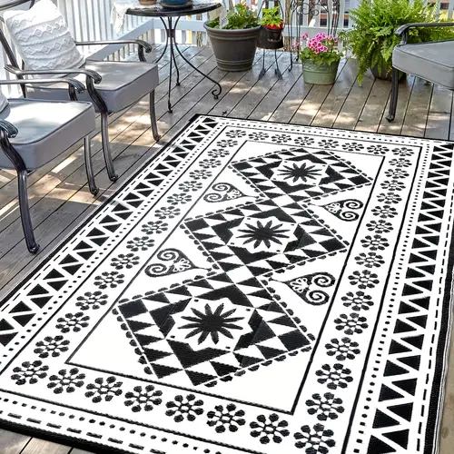 1pc large reversible camping rug 5ftx8ft 6ftx9ft 8ftx10ft design pp mat outdoor rug for rv beach parties patio furniture areas bbq spots black and white