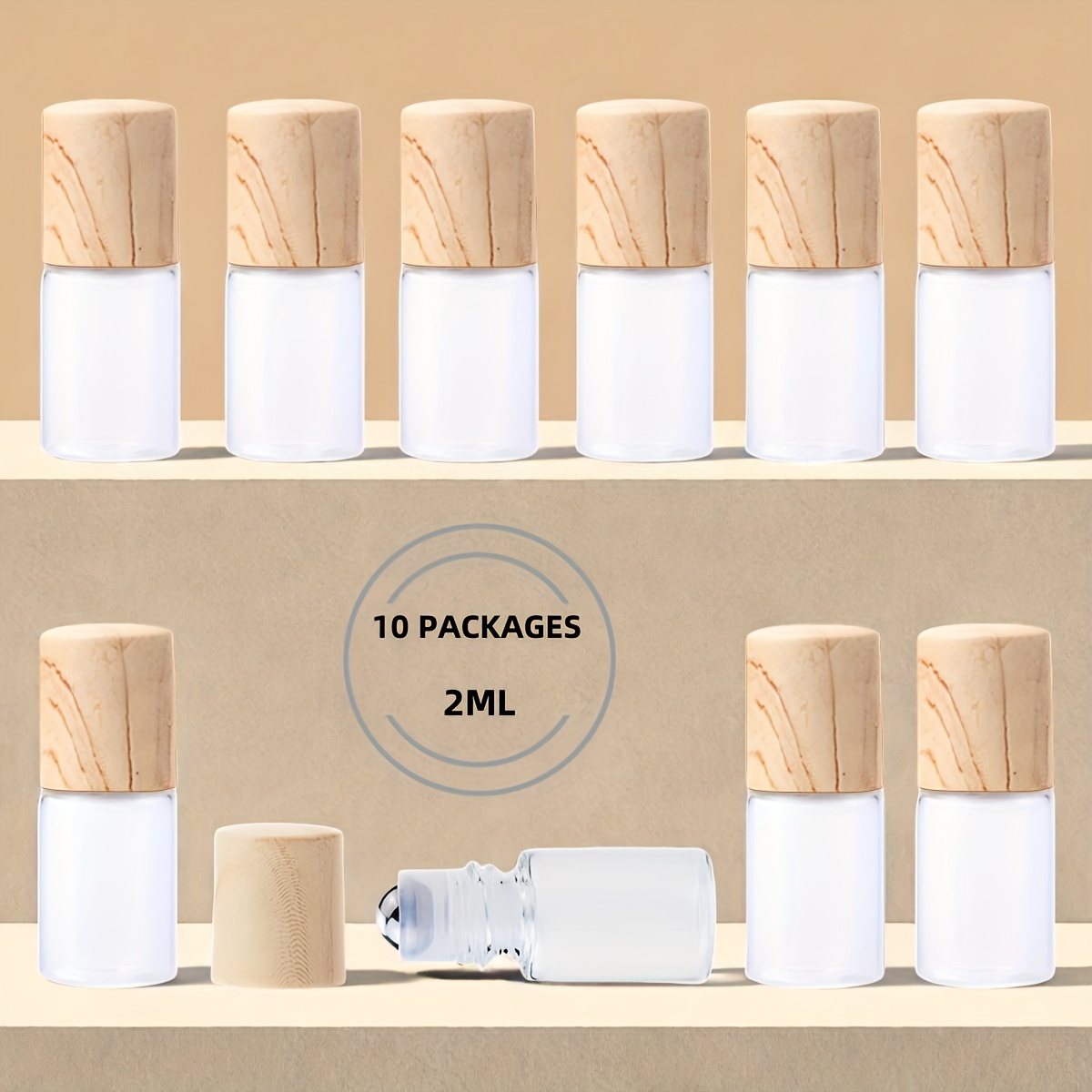 10 Bottles With Balls - Leak-proof Clear Empty Glass Sample Bottles For Essential Oils, Aromatherapy, And Perfume | Plastic Lids With Wood Grain Pattern - Refillable Travel Containers