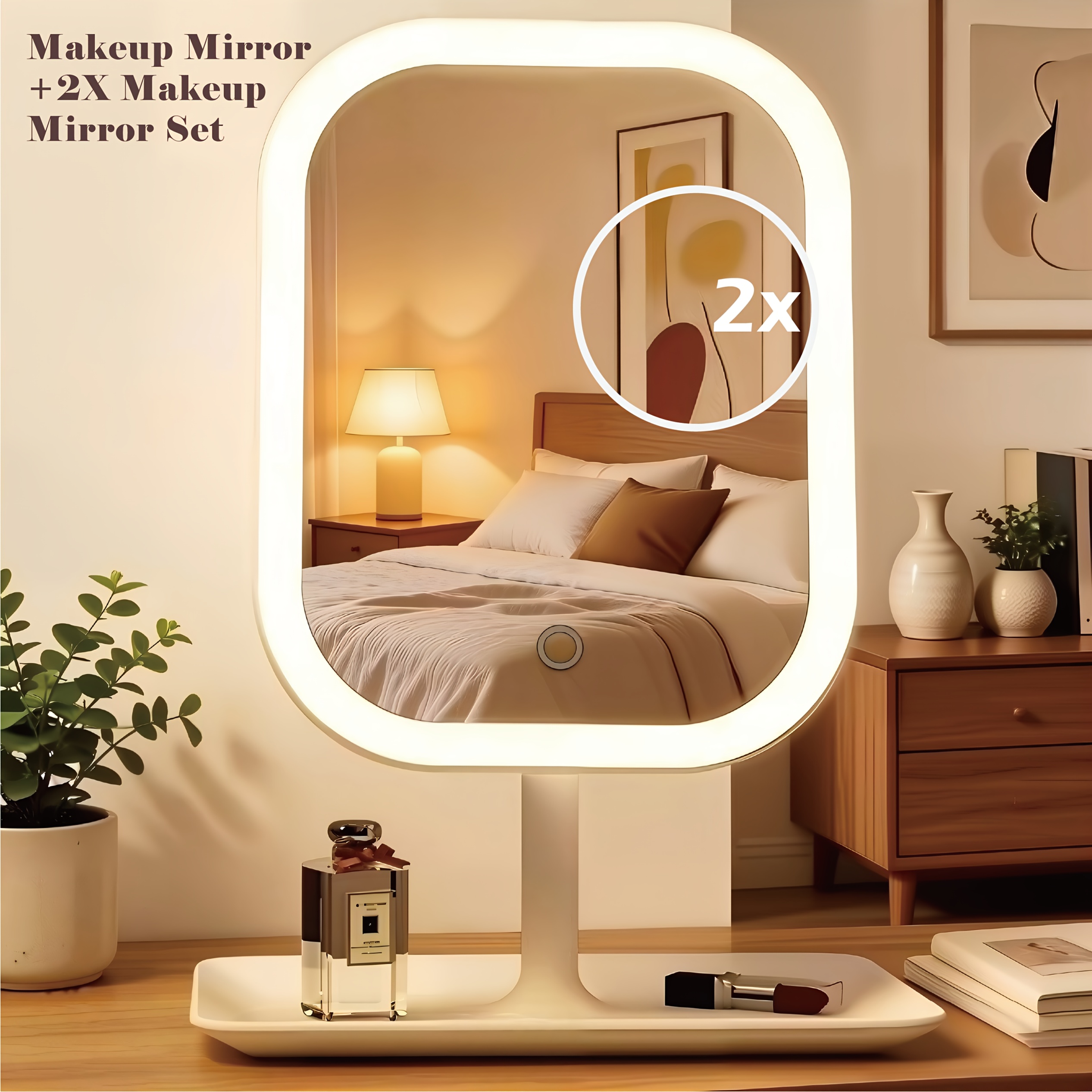 TEMU Led Makeup Mirror And 2x Magnifying Glass, Usb Rechargeable, 3 Color Temps And Adjustable Brightness, Portable And Foldable For