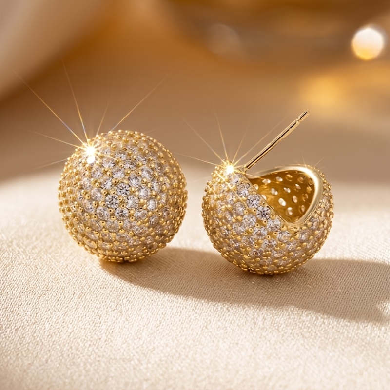 TEMU 1 Pair Of Exquisite And Luxurious High-end Spherical Copper Inlaid Synthetic Zirconia Earrings, Elegant And Gorgeous, Suitable For Women's