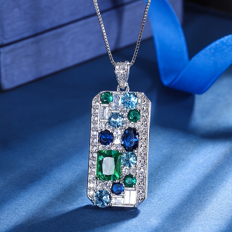 

Luxury Square Pendant Necklace Adorned With Blue And Green Synthetic Gemstones, Elegant Style Delicate Banquet Jewelry Gifts For Women