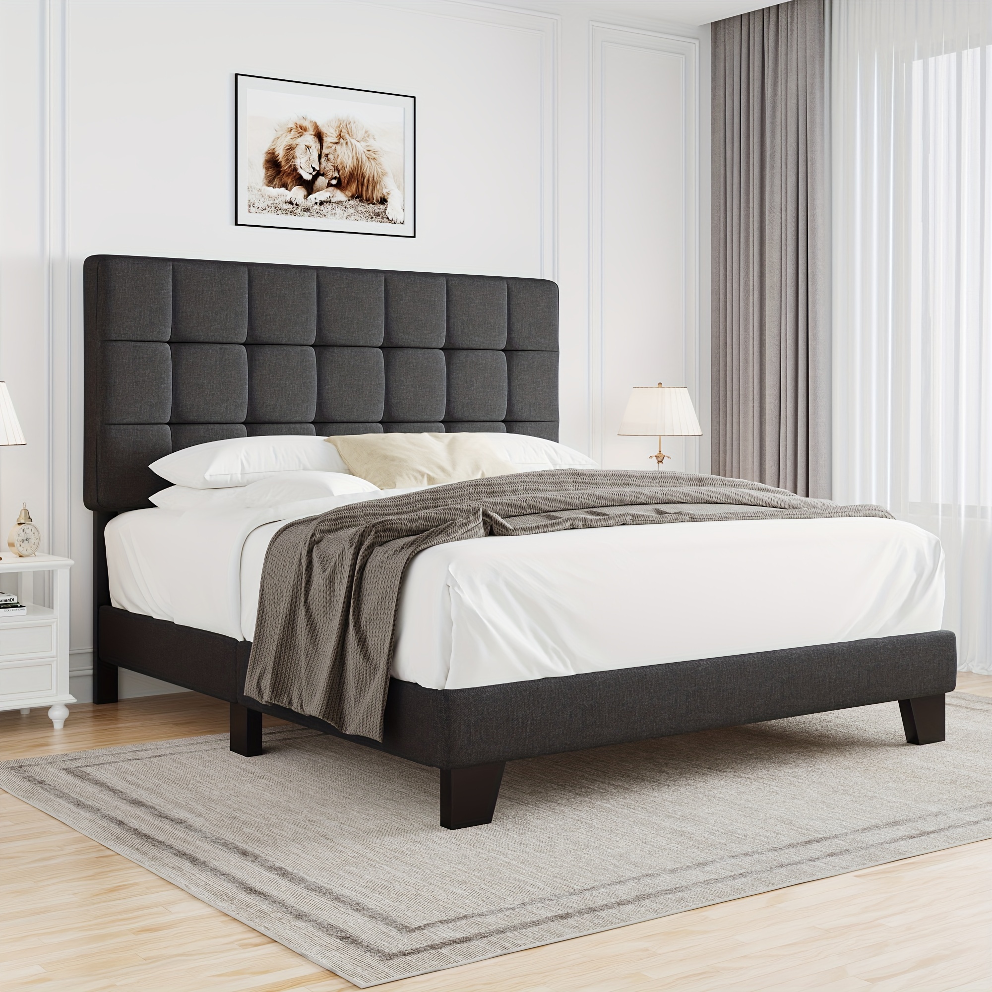 

Hoomic Full/queen Size Panel Bed With Adjustable Headboard, Box Spring Required, Easy , Fabric Upholstered, Dark Grey