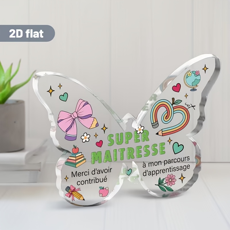 TEMU Plaque acrylique 2D plate style français papillon - [Super Professeur] et motif cadeau floral de cœur | Cadeau ludique pour l'appréciation des