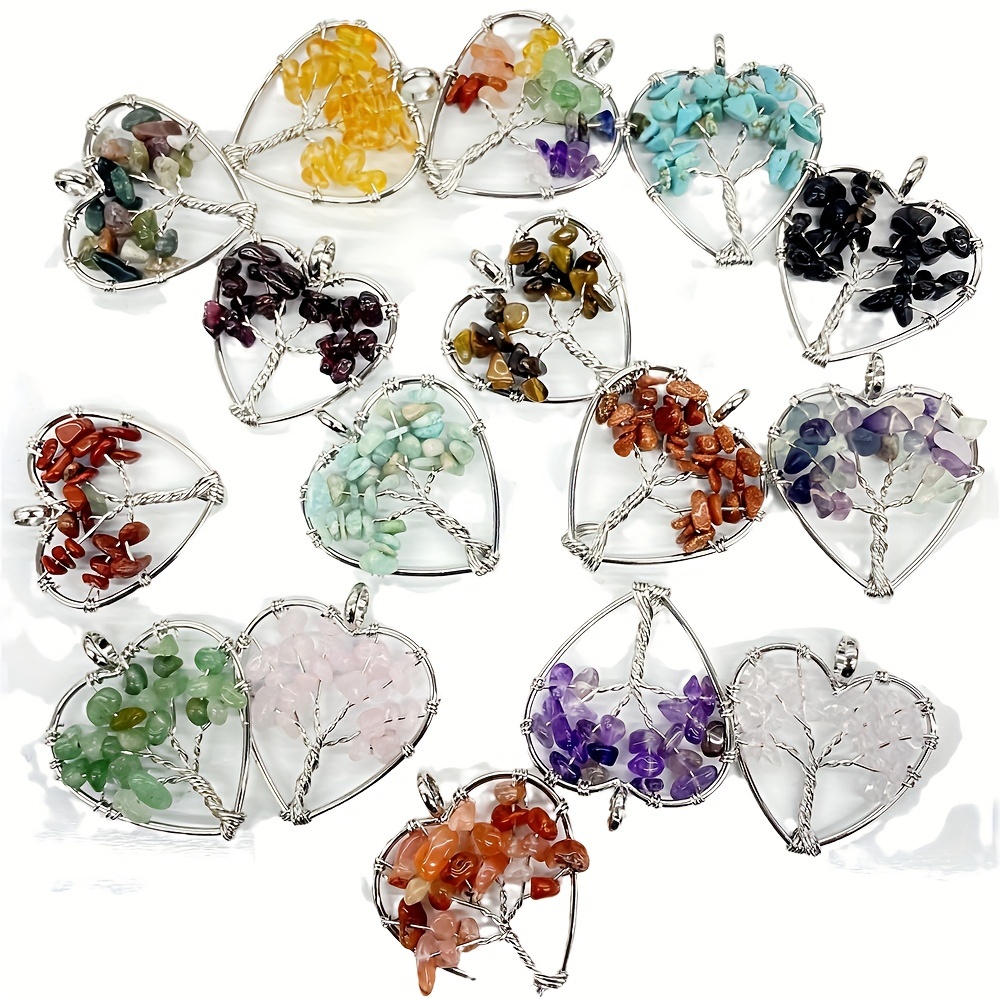 

12pcs 30mm Heart-shaped Tree Of Stone Crystal Agate Gravel Wrapped Silk Pendants Colorful Tree Diy Necklace Jewelry Accessories